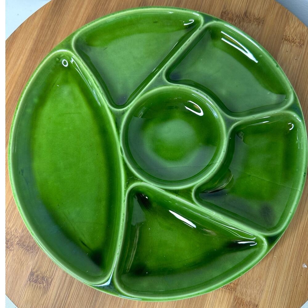 Vintage Mid Century Modern Gien France Divided Plate Kelly Green Glazed 9"